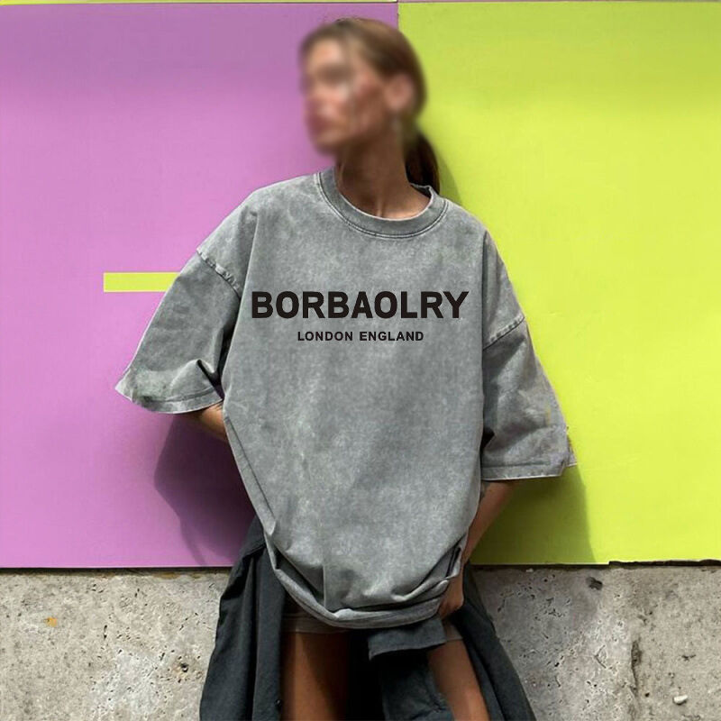 Yüksek Kaliteli Pamuk Tişört Büyük Boylu Vintage Katı Renkli Yıkanmış Tişört Ağır Kilo Vintage Tişört