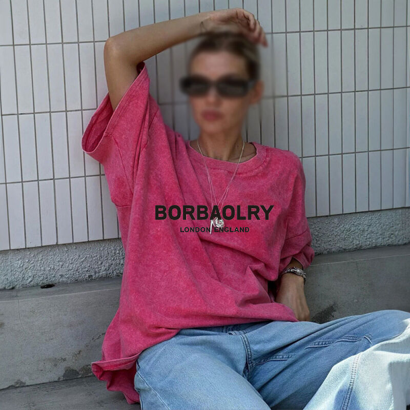 Yüksek Kaliteli Pamuk Tişört Büyük Boylu Vintage Katı Renkli Yıkanmış Tişört Ağır Kilo Vintage Tişört