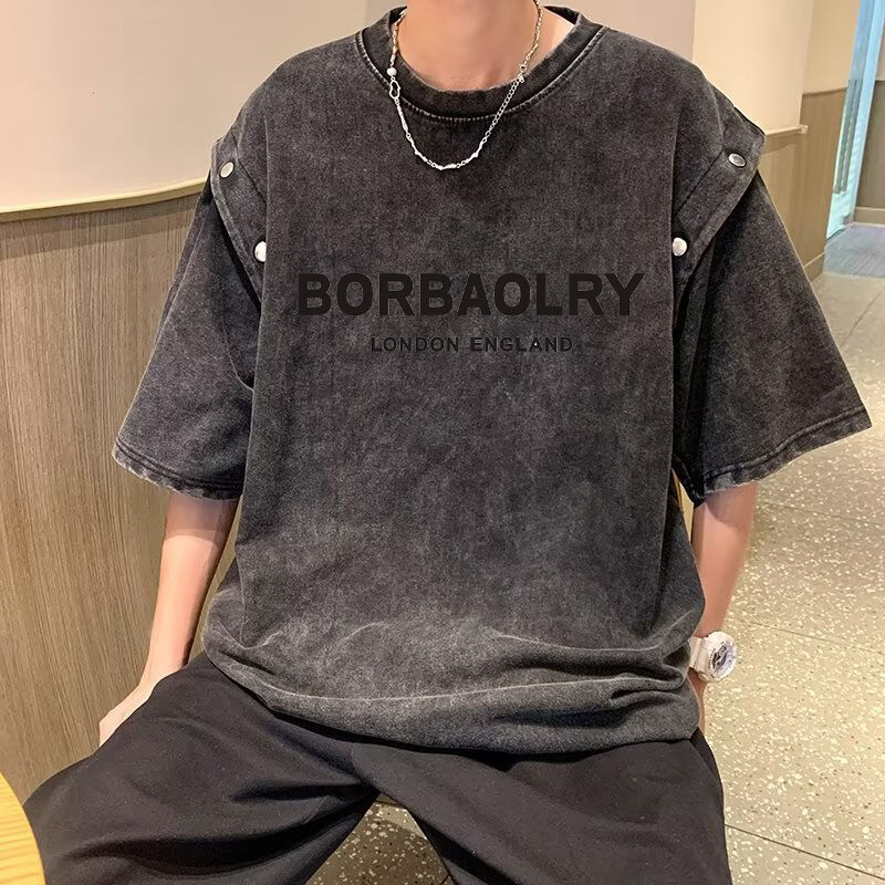 Vintage Çıkarılabilir Kısa Kollu Tişört Erkekler Sıvı Ağır Pamuk Asit Yıkama Tişört Top Yaz Trend Marka Tişörtler