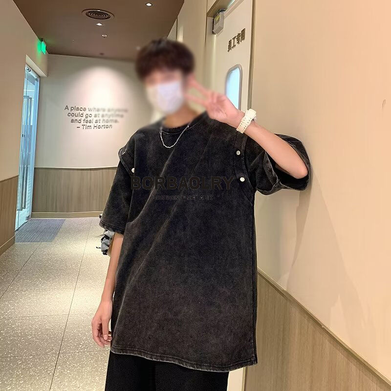 Vintage Çıkarılabilir Kısa Kollu Tişört Erkekler Sıvı Ağır Pamuk Asit Yıkama Tişört Top Yaz Trend Marka Tişörtler