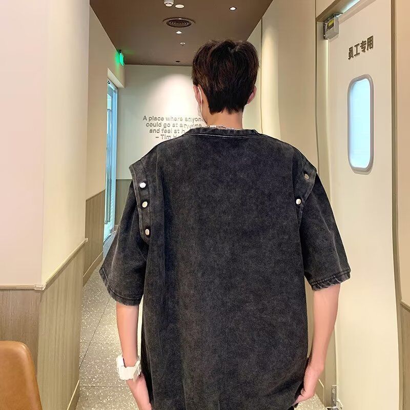 Vintage Çıkarılabilir Kısa Kollu Tişört Erkekler Sıvı Ağır Pamuk Asit Yıkama Tişört Top Yaz Trend Marka Tişörtler