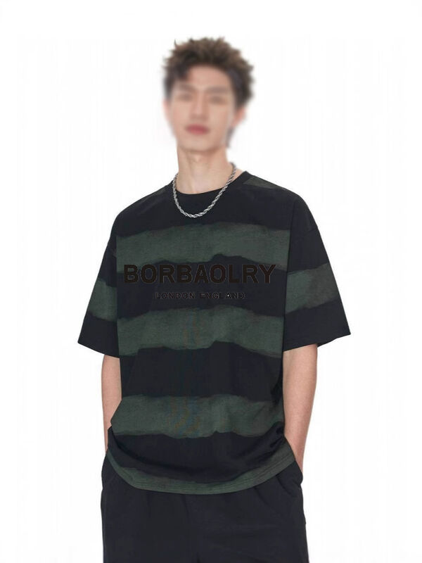 Toptan 220g Tişört Pamuk Moda Sessiz Çizgili Üst Kravat Dye El işi Düşük Omuzlar Yuvarlak Boyun Kısa Kollu