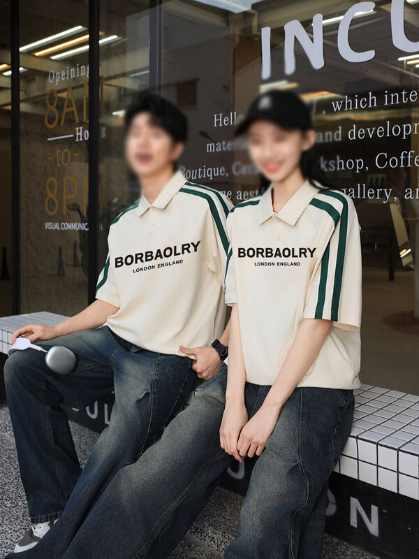 Yaz Erkek Polo gömleği için kısa kollu Amerikan High Street stili Yaka Yarım kollu tişört Şık örgü mektup